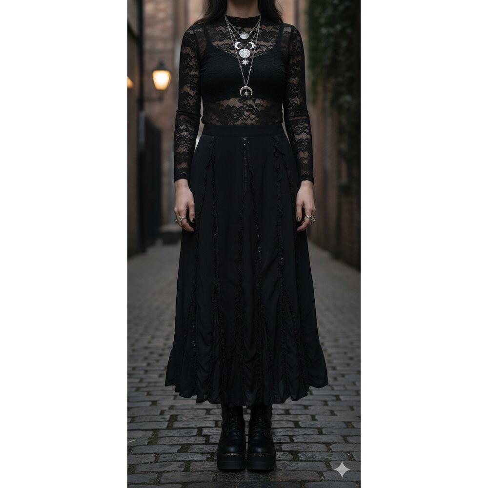 Vintage Chico’s 100% Silk Sequin Ruffle Maxi Skirt Whimsigoth Boho Black‎ Large